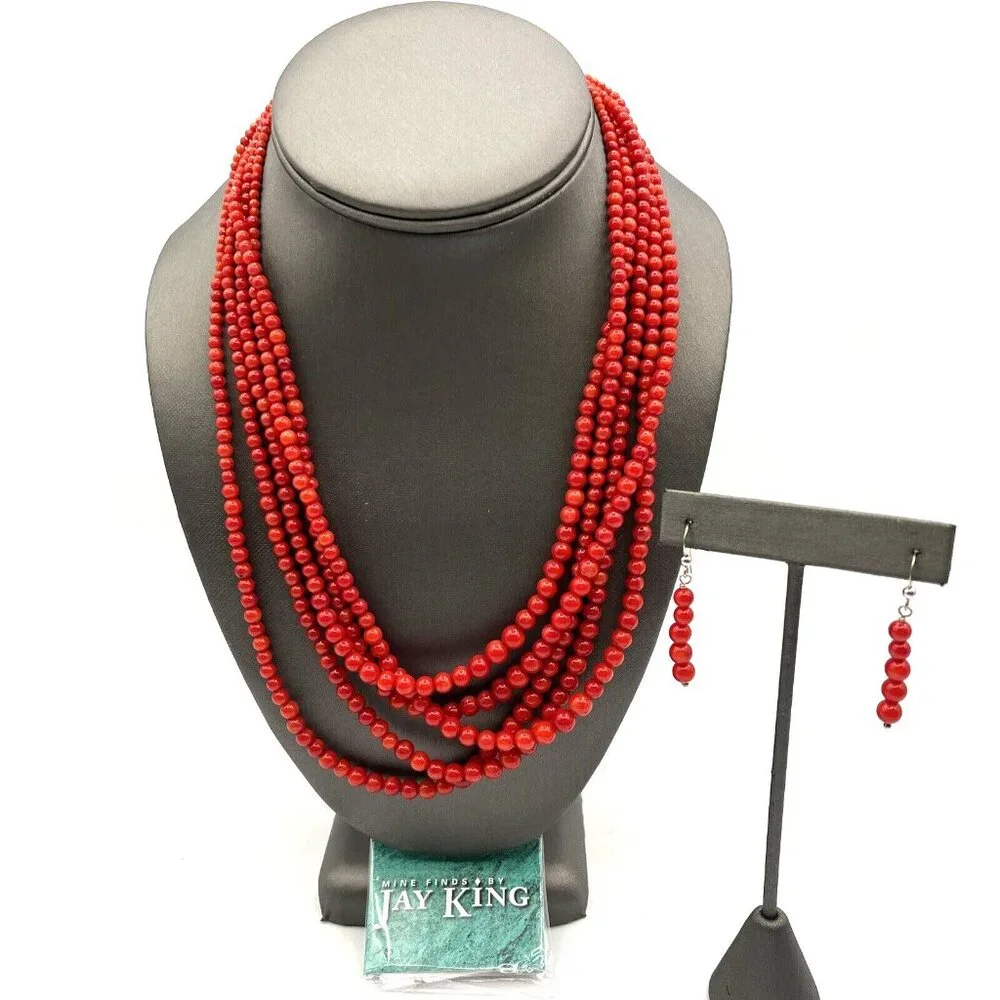 Jay King DTR Sterling CORAL Torsade Graduated Bead Necklace and Earrings Set - Picture 3 of 8